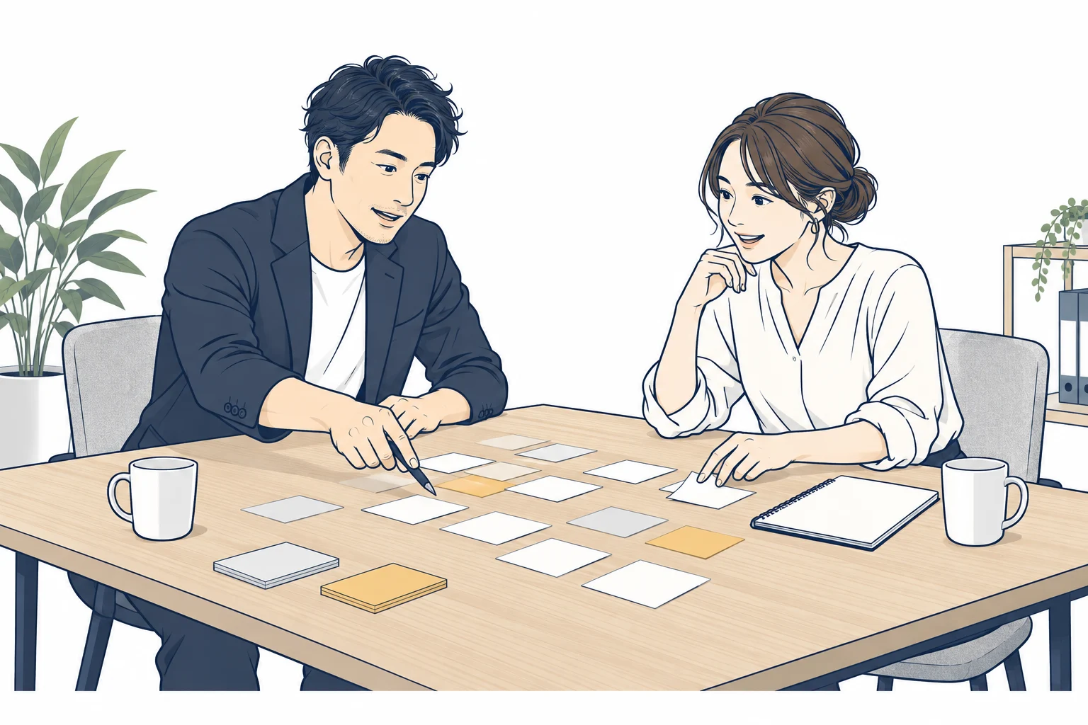 社長と伴走パートナーが、カードを並べながら考えを整理しているイラスト