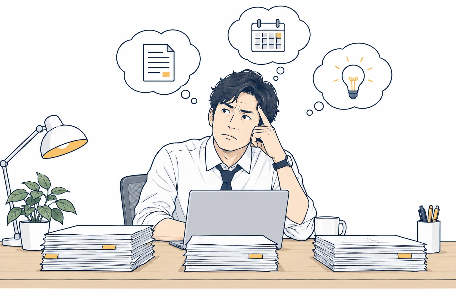 日々の仕事と、これからの構想を一人で抱える社長のイラスト